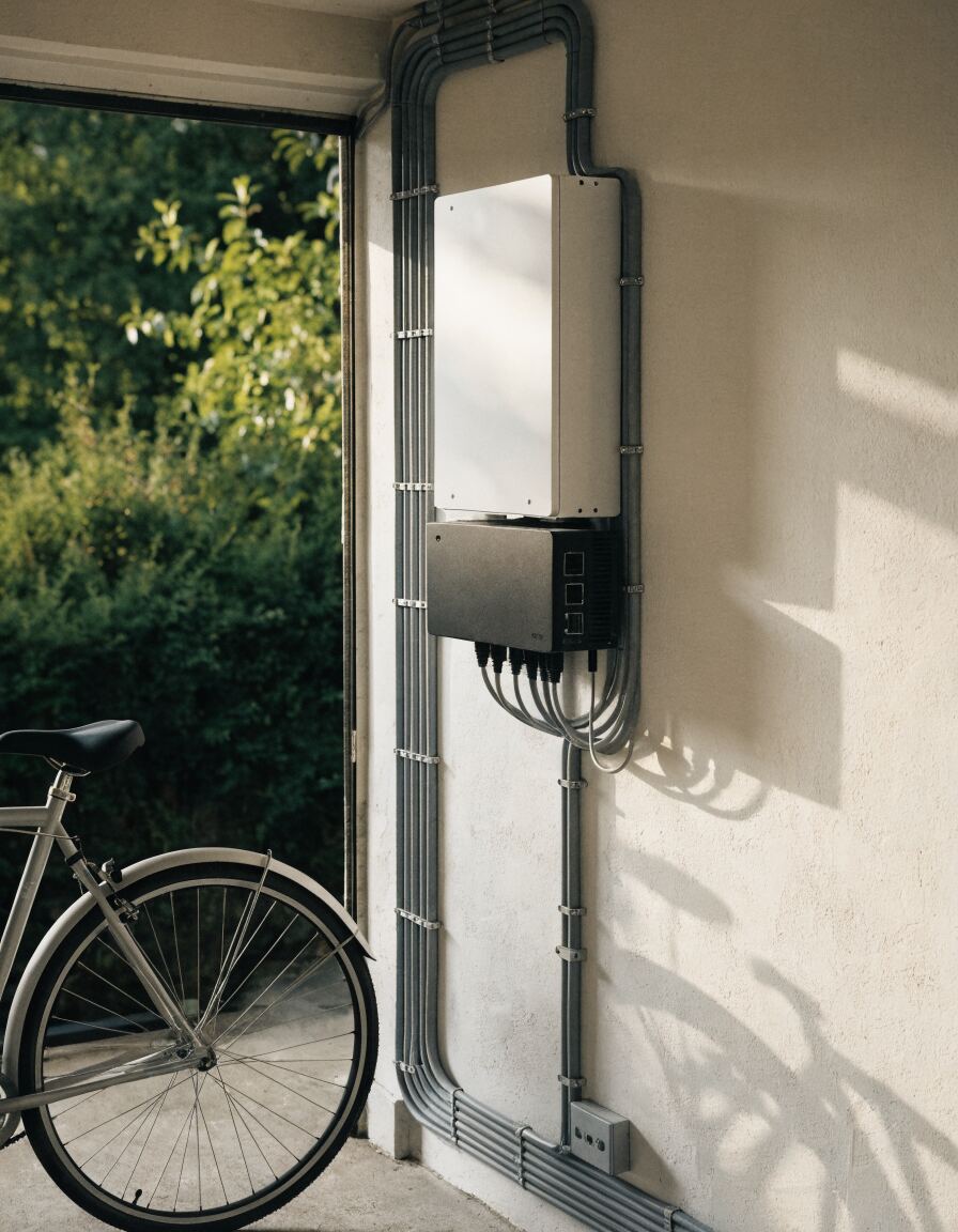 Wall-mounted home battery and inverter installed in a garage