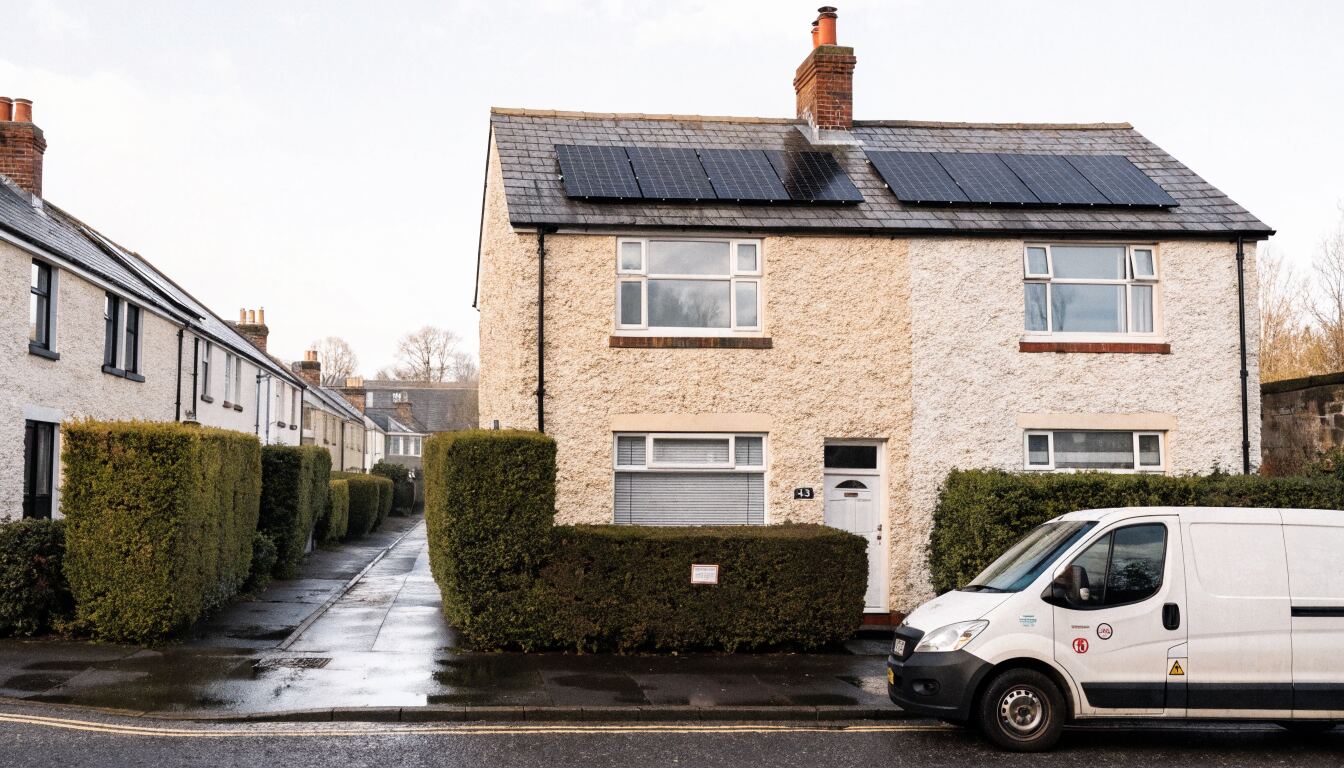 Semi-detached house with ten all-black solar panels on the front roof pitch