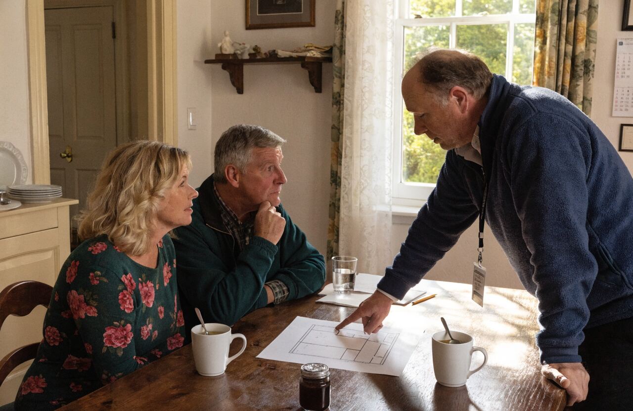 Going through a printed roof layout with a couple at their kitchen table